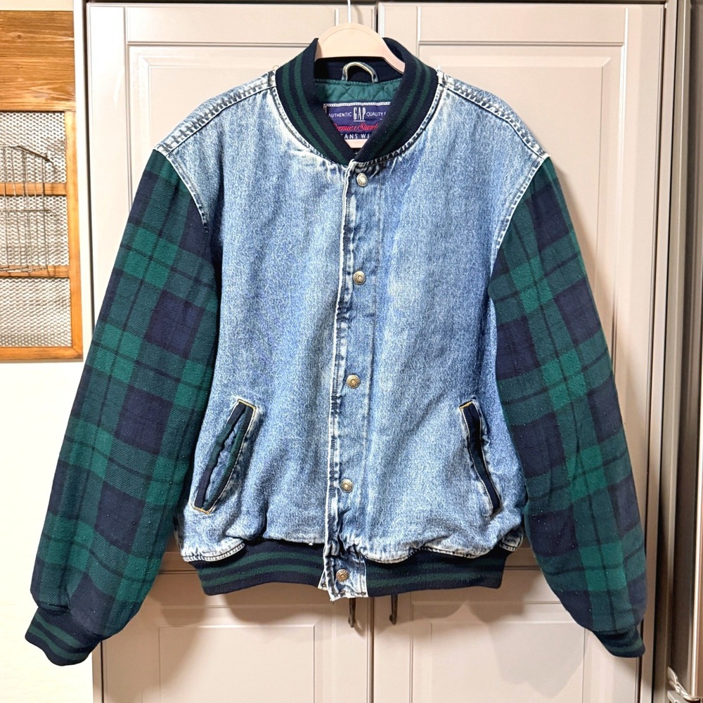 GAP Vintage 90s Plaid Fleece Sleeve Acid Wash Denim Varsity Jacket,Blue Green,XL